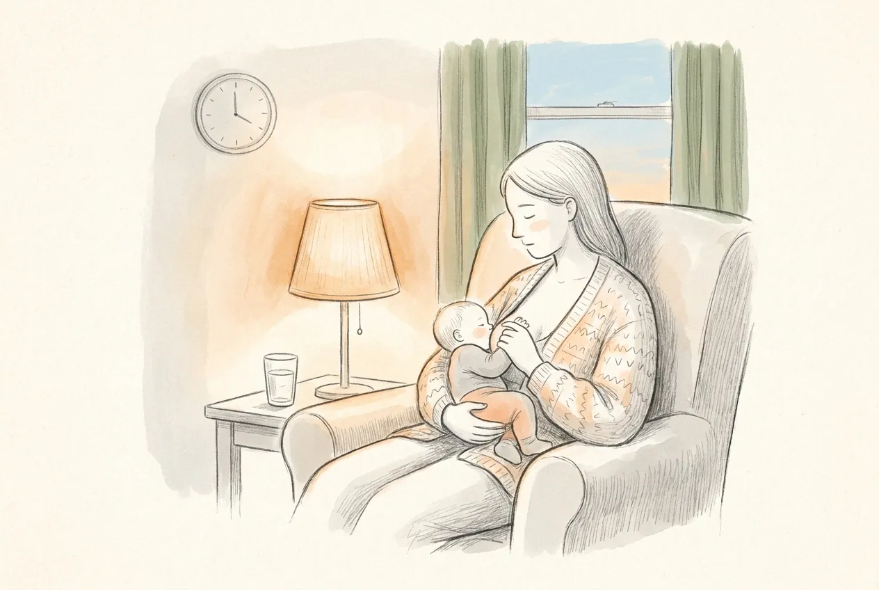 Illustrazione a matita e acquerello: una mamma seduta in poltrona allatta il suo bambino di pochi mesi a sera, alla luce di una lampada; accanto, un bicchiere d'acqua sul tavolino e un orologio alla parete.