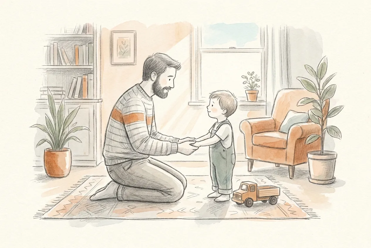 Illustrazione a matita e acquerello: un papà con la barba, inginocchiato sul tappeto del soggiorno, tiene le mani del suo bambino in salopette e gli parla con calma all'altezza dei suoi occhi, accanto a un camioncino di legno.